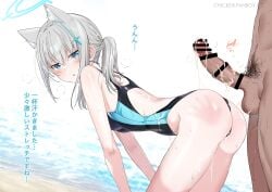 ? after_sex animal_ear_fluff animal_ears ass backless_swimsuit bangs bar_censor bare_arms beach bent_over black_swimsuit blue_archive blue_eyes blush breasts censored chicke_iii clothes_pull competition_swimsuit cum cum_on_ass cum_on_back cum_on_clothes cum_on_hair cumdrip ejaculation erection extra_ears female from_side grey_hair hair_between_eyes halo highres long_hair looking_at_viewer looking_to_the_side medium_breasts one-piece_swimsuit parted_lips penis shiroko_(blue_archive) shiroko_(swimsuit)_(blue_archive) slap_mark solo_focus spanked spoken_question_mark sweat swimsuit swimsuit_pull testicles thong_swimsuit water