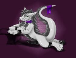 black_claws black_pawpads black_penis claws collar dragon erection fur furred_dragon genitals glistening glistening_eyes glistening_pawpads green_eyes grey_body grey_fur grey_tail knot looking_at_viewer male male_focus male_only pawpads penis purple_collar semi-anthro side_view simple_background solo unsigned white_tail yaoifairy