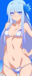 1girls bikini blue_background blue_eyes blue_hair blue_theme female female_only flower_in_hair hair_flower hand_on_hip isekai_ojisan mabel_laybelle small_bikini small_breasts solo solo_female xin_weijue