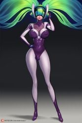 1futa balls_in_bodysuit balls_under_clothes big_breasts breasts bulge clothed clothing cute dandyrabbit dj_sona flaccid fully_clothed futa_only futanari green_hair helmet helmet_over_eyes human impossible_clothes latex latex_bodysuit latex_futa league_of_legends legs light-skinned_futanari light_skin listening_to_music looking_at_viewer penis_in_bodysuit simple_background small_penis solo sona_buvelle source_request standing tight_clothing tight_fit tiny_penis wide_hips