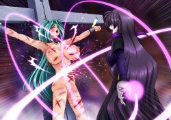 2girls big_breasts bleeding blood blood_spray bondage chains collar cross crucifixion green_hair hacchake_yarou_a_team hatchake_taro lindy_harlaown long_hair mahou_shoujo_lyrical_nanoha mosaic_censoring nipples nude_female pain precia_testarossa purple_hair screaming screaming_in_agony spanked_breasts stare sweat torture variant whip whip_marks whipping