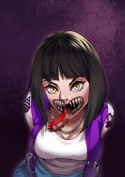 black_hair breasts casual_clothes female female_only jacket large_breasts long_tongue looking_at_viewer mileena mortal_kombat saliva sharp_teeth solo solo_female spit thotlerrr tongue tongue_out treartz yellow_eyes