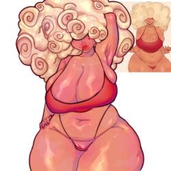 1girls afro arm_behind_head armpits big_breasts big_lips big_pussy blonde_female blonde_hair breast_squish breasts cinnabus cleavage curly_hair dark-skinned_female dark_skin fat_pussy female female_only hair_over_eyes hand_on_hip heart_tattoo lastgreendragon pussy pussy_peek red_lipstick reference_image sideboob slightly_chubby solo solo_female sona_(cinnabus) tank_top tattoo tattoo_under_eye thick_lips thick_thighs thong very_high_resolution white_background wide_hips