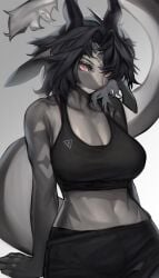 1girls anthro big_breasts black_body black_hair chabett countershading dragon dragon_ears dragon_horns dragon_tail female female_only hi_res horns looking_at_viewer medium_hair messy_hair red_eyes slit_pupils solo solo_female sportswear tail tail_tuft woobin94