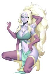 4_arms alien arm_behind_head arm_grab arm_up armwear big_nose blonde blonde_female blonde_hair blue_eyes boobs breasts female female_focus gem gem_(species) gem_fusion jopaosla legs legwear light_hair long_hair long_legs looking_at_viewer opal_(steven_universe) ponytails purple_legwear smile solo_female steven_universe stockings thighs violet_skin yellow_socks