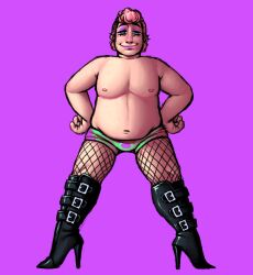 1boy 2d boots booty_shorts chubby digital_media_(artwork) dreamscreep fishnet_legwear fishnet_stockings fishnets gijinka hands_on_hips heel_boots heels high_heel_boots high_heels human male male_only mastectomy_scar nipples patrick_star pink_hair purple_background scar shirtless shirtless_(male) short_hair short_shorts shorts smooth_skin solo solo_male spongebob_squarepants thigh_boots thighhighs topless