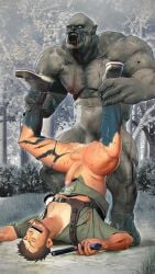 2boys anal anal_penetration anal_sex bara boxer_dansi censored cum cum_in_ass cum_inside defeated gay gay_sex interspecies male_only male_rape_victim maledom mosaic_censoring muscular muscular_arms muscular_male piledriver_position pixelated_penis rape tagme torn_clothes yaoi zombie