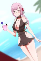 1girls angelchama ass ass_visible_through_thighs beach big_breasts black_nails black_ribbon boob_window dat_ass drink female female_focus female_only hololive hololive_english hololive_myth lean mori_calliope pink_hair thick_ass thick_thighs virtual_youtuber