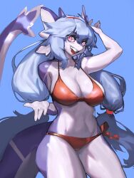 1girls 2022 anthro armpits aruri_(whooo-ya) big_breasts bikini blue_background blue_body blue_hair blue_theme countershading dragon dragon_horns dragon_tail female female_only happy hi_res horns long_hair looking_at_viewer open_mouth pink_eyes slit_pupils solo solo_female tail tied_hair woobin94