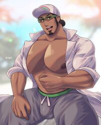 1boy big_bulge bulge glasses huge_bulge ignoet kukui_(pokemon) male male_only melanin muscles muscular muscular_male open_shirt pecs pokemon pokemon_sm solo