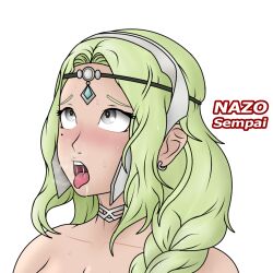 1girls ahe_gao bare_shoulders beauty_mark braid braided_ponytail breasts cleavage close-up collarbone completely_nude drooling earrings eyes_rolling_back female female_only fire_emblem fire_emblem_heroes green_hair grey_eyes hair_over_shoulder heavy_breathing medium_breasts medium_hair mole mole_under_eye nazosempai nintendo nott_(fire_emblem) nude nude_female open_mouth ponytail saliva saliva_trail shoulders solo tongue tongue_out upper_body white_background