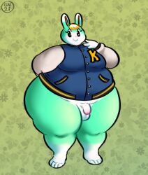 1boy animal_crossing anthro balls barefoot big_ass blonde_hair bottomless chubby chubby_anthro chubby_femboy chubby_male fat fat_man femboy flaccid flaccid_penis gammanaut girly green_fur hi_res highres huge_ass letterman_jacket looking_at_viewer male male_only nintendo overweight overweight_anthro overweight_male penis rabbit rabbit_ears rabbit_humanoid sasha_(animal_crossing) solo standing thick_thighs