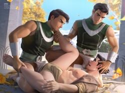 3boys appasart avatar_legends bolin brothers bulge clothing earth_kingdom erection_under_underwear gay male male_only muscles muscular muscular_male nickelodeon on_back open_shirt smooth_skin spread_legs teen_boy the_legend_of_korra twin_brothers twins underwear wei_bei_fong wing_bei_fong yaoi