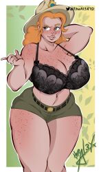 1girls alternate_version_available big_breasts blush bra breasts busty cartoon cartoon_network censored cleavage curly_hair curvaceous curves female freckles freckles_on_body freckles_on_chest freckles_on_thighs ginger ginger_hair highres navel no_shirt orange_hair park_ranger pinup pose ranger ranger_hat ranger_tabes seductive short_shorts shorts theal3x10_(artist) thick_hips thick_legs thick_thighs toned toned_body toned_female voluptuous we_bare_bears wide_hips