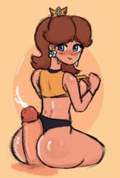 ass assjob athletic athletic_female athletic_wear black_panties blue_eyes blush brown_hair buttjob crown cum cumshot earrings flower_earrings mario_(series) nintendo octoramune penis princess_daisy smile smiling smiling_at_viewer tagme tank_top thick_ass yellow_tank_top