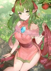 1girls alternate_costume apple bangs bare_shoulders bare_thighs blush breasts closed_mouth commentary dragonstone dress female female_only fire_emblem fire_emblem:_mystery_of_the_emblem fire_emblem:_shadow_dragon_and_the_blade_of_light fire_emblem_awakening fire_emblem_heroes food fruit gem grass green_eyes green_hair hair_between_eyes hair_ornament hair_ribbon haru_(nakajou-28) highres jewelry long_hair looking_at_viewer medium_breasts nature nintendo official_alternate_costume outdoors pelvic_curtain pink_dress pointy_ears ponytail red_ribbon ribbon sash short_dress sideboob sidelocks sitting sleeveless sleeveless_dress smile solo thighs tiki_(adult)_(fated_divinity)_(fire_emblem) tiki_(adult)_(fire_emblem) tiki_(fire_emblem) tiki_(young)_(fire_emblem) tiki_(young)_(fire_emblem)_(cosplay) tree