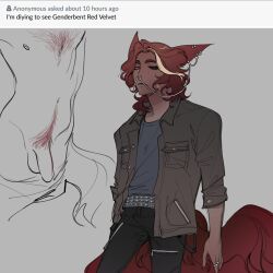 1:1 2022 absurd_res animal_humanoid belt body_hair canid canid_humanoid canine canine_humanoid chains chest_hair ear_piercing ear_ring facial_piercing fox_humanoid foxtrot_(glacierclear) ftm_crossgender genderswap_(ftm) glacierclear hair hi_res humanoid jewelry male mammal mammal_humanoid nose_piercing nose_ring piercing pubes red_hair red_velvet_cake_(glacierclear) ring_piercing rule_63 solo zipper