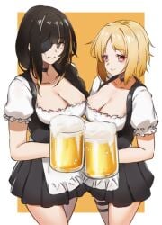 2girls apron beer_mug blonde_female blonde_hair border breasts brown_eyes brown_hair choker cleavage cup dirndl eyepatch german_clothes girls'_frontline highres large_breasts long_hair looking_at_viewer m16a1_(girls'_frontline) medium_breasts mp40_(girls'_frontline) mug multiple_girls smile thigh_strap thighs toryu_fufu white_border