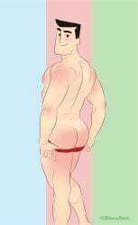 1boy ass back_muscles cartoon_network caucasian caucasian_male dilf looking_at_viewer looking_back male male_only mature_male moonburn muscles muscular muscular_male powerpuff_girls presenting_ass presenting_hindquarters professor_utonium pulling_thong_down seductive solo solo_male tanline teasing thong