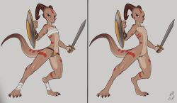 2019 alternate_version_at_source anthro casual_nudity chest_wraps clothed clothing countershading female flat_chested foot_wraps genitals hi_res holding_object holding_shield holding_sword holding_weapon horn kobold melee_weapon nude off/on pose pussy scalie shield solo sword tan_body thong underwear w4g4 weapon wraps