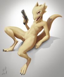 2019 anthro female flat_chested full-length_portrait genitals gun handgun hi_res holding_gun holding_object holding_weapon kobold nude nude_anthro nude_female open_mouth portrait pussy ranged_weapon reclining red_eyes scalie solo w4g4 weapon yellow_body