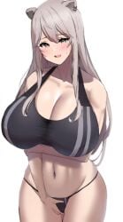 1girls 2022 alternate_breast_size animal_ears arm_under_breasts bare_shoulders belly big_breasts bikini_bottom black_bikini_bottom black_sports_bra blush cameltoe cleavage covered_nipples grey_hair hololive hololive_gen_5 hololive_japan huge_breasts large_breasts lion_ears lion_girl looking_at_viewer navel shishiro_botan shumichi simple_background sports_bra thighs virtual_youtuber white_background