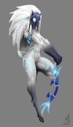 2019 anthro bovid caprine cloven_hooves female full-length_portrait fur genitals gloves_(marking) grey_background hair hi_res hooves kindred lamb_(league_of_legends) league_of_legends mammal markings mask mask_only nude on_one_leg portrait pussy riot_games sheep simple_background solo standing video_games w4g4 white_body white_fur white_hair wool_(fur)