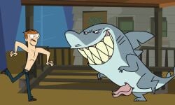 2boys belt black_eyes blue_eyes diphallia diphallism edit evil_grin fang_(tdi) fang_(total_drama_island) fins gay grin imminent_sex jeans male male_only multi_penis nipples orange_hair pants penis scott_(tdi) shark shirtless shirtless_male shoes smile total_drama_island yellow_teeth