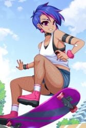 1girls blue_sky choker cloud cross_earrings crush_crush detailed_background ear_piercing earrings female female_focus female_only fishnet_legwear fishnet_stockings fishnets game_cg miniskirt nail_polish nova_(crush_crush) panties purple_hair sad_panda_studios sfw skateboard skirt skirt_up smile smiling solo solo_female solo_focus spiked_bracelet spiky_hair violet_eyes violet_nail_polish