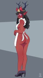 2022 antlers apron ass black_hair blush borrowed_character commission deus_vulv heels high_heels horns looking_at_viewer looking_back naked_apron pointy_ears purple_eyes red_skin standing tagme thighs