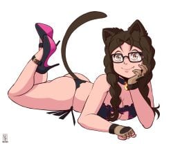 1girls animal_ears ass bell_collar black_bra black_panties black_thong bra braid breasts brown_hair cat_ears cat_lingerie cat_tail catgirl character_request cleavage collar commission deus_vulv fangs glasses heels high_heels legs_up lingerie looking_at_viewer lying on_stomach panties side-tie_panties smile tagme tail thong yellow_eyes