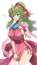 1girls absurdres alternate_costume breasts confused covering dress female female_only fire_emblem fire_emblem:_mystery_of_the_emblem fire_emblem:_shadow_dragon_and_the_blade_of_light fire_emblem_awakening fire_emblem_heroes gonzarez green_hair highres large_breasts long_hair nintendo official_alternate_costume pink_dress pointy_ears ponytail pulling short_dress sideboob simple_background solo tiara tiki_(adult)_(fire_emblem) tiki_(fire_emblem) white_background