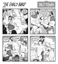 abs balls black_and_white boner comic dilftown dilftown_comic erect_penis erection flaccid flaccid_penis foreskin male male_only muscular muscular_male partially_retracted_foreskin penis schizoid uncircumcised uncolored unretracted_foreskin