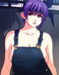 1girls ayane_(doa) big_breasts breasts cleavage dead_or_alive headband looking_at_viewer naked_overalls overalls overalls_only pink_eyes purple_hair short_hair triplexmile voluptuous