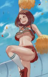 1girls breasts brown_hair cheerleader cheerleader_uniform cutesexyrobutts_(style) female female_focus female_only happy knee_socks kneehighs kneesocks leg_up low-angle_view my_hero_academia ochako_uraraka short_hair socks solo solo_female thick_thighs u.a._cheerleader_outfit underboob white_socks zefra_bleu