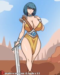 1girls armor ass big_ass big_breasts blue_eyes blue_hair breasts cleavage clothing female hips light-skinned_female light_skin original original_character rasdor33 solo sword thick_thighs thighs