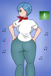 1girls blue_eyes blue_hair bulma_briefs clothed collaboration crossover dragon_ball dragon_ball_super dragon_ball_z female female_only fortnite hips hips_grab icon maymayumi2 pants shirt simple_background wiggle_lines