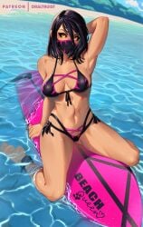 1girls 2d amber_eyes barefoot beach bikini black_bikini black_hair breasts cleavage draltruist facemask female_focus female_only large_breasts looking_at_viewer medium_hair mileena mortal_kombat mortal_kombat_x mouth_mask navel seaside surfboard