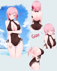 1girls artist_signature ass back big_breasts boob_window clear_sky dat_ass female female_focus female_only flower_in_hair guh hololive hololive_english hololive_myth mori_calliope namiorii one-piece_swimsuit one_eye_closed pink_hair short_hair text thick_thighs virtual_youtuber wink