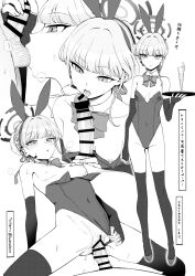 1boy 1girls animal_ears bar_censor blue_archive blush bow bowtie breasts bunnysuit censored clothed_sex clothing clothing_aside covered_navel detached_collar elbow_gloves emotionless emotionless_sex erection fake_animal_ears fellatio female fingerless_gloves gloves greyscale halo holding holding_tray japanese_text kumadano kuudere legs_together leotard leotard_aside licking licking_penis male millennium_science_school_student monochrome multiple_views nipples open_mouth oral penetration penis playboy_bunny pussy rabbit_ears sex short_hair small_breasts spread_legs straight testicle_sucking testicles thighhighs toki_(blue_archive) tongue tongue_out translation_request tray vaginal_penetration