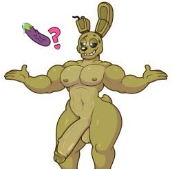 acstlu animatronic anthro art_bash big_penis bodily_fluids edit eggplant five_nights_at_freddy's five_nights_at_freddy's_3 food fruit genital_fluids genitals hehdgd hi_res lagomorph leporid machine male male_only mammal muscular muscular_male penis plant precum rabbit robot scottgames smile solo solo_focus springtrap springtrap_(fnaf) video_games white_background wide_hips