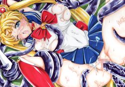 1girls absurdres big_breasts bishoujo_senshi_sailor_moon blonde_hair blue_eyes blue_skirt boots bow breasts censored choker circlet clothed_rape clothing cum earrings female female_focus highres hmdark-9 knee_boots large_breasts leotard long_hair looking_at_viewer miniskirt mosaic_censoring nipples one_eye_closed open_mouth rape red_bow red_footwear restrained sailor_moon skirt tears tentacle tentacle_rape tentacles torn_clothes traditional_media twintails usagi_tsukino vaginal_penetration very_long_hair white_leotard