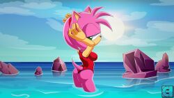 1girls 4k amy_rose ass back_view butt butt_cheeks c-hats exposed_ass exposed_butt fanservice female female_focus female_only hd hi_res high_resolution highres lake ocean one-piece_swimsuit one_piece_swimsuit outdoors outside png rocks seaside sega sonic_(series) sonic_team sonic_the_hedgehog_(series) water