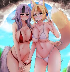 2girls :p alternate_costume alternate_version_available animal_ears armpits ass_visible_through_thighs bangs bare_midriff bare_shoulders bare_thighs bikini blonde_female blonde_hair blush breasts brown_eyes cave cleavage collarbone covering covering_crotch female female_only fire_emblem fire_emblem_fates fox_girl grey_hair kitsune large_breasts licking_lips looking_at_viewer medium_hair midriff multicolored_hair multiple_girls nintendo outdoors pulling_panties red_bikini_top red_eyes red_swimsuit selkie_(fire_emblem) short_hair shoulders sideboob smile swimsuit tail teasing the_only_shoe thighs underboob undressing undressing_another untied velouria_(fire_emblem) white_bikini white_swimsuit wolf_girl yellow_eyes