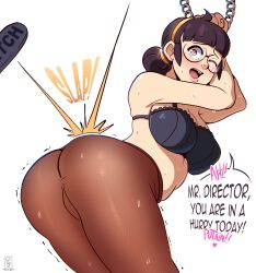 1girls 2022 ass bent_over black_bra black_hair blush bondage bra deus_vulv english_text glasses heart-shaped_pupils looking_back no_panties one_eye_closed original paddle pantyhose spanking sweat tagme text trembling yellow_eyes