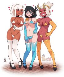 2022 3girls bikini black_hair blonde_female blue_bikini blue_eyes blush borrowed_character breasts brown_eyes choker cleavage demon demon_girl demon_horns deus_vulv ear_piercing earrings female_only gloves hair_up heart heels high_heels long_gloves looking_at_viewer lucia_(scott_malin) meisha mia_(scott_malin) navel ponytail red_skin standing thighhighs white_bikini white_hair yellow_bikini yellow_eyes