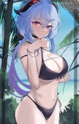 1girls bikini blue_hair bracelet breasts cleavage ganyu_(genshin_impact) genshin_impact highres horn huge_breasts long_hair looking_at_viewer musicatopos nail_polish navel red_eyes smile stomach swimwear thighs