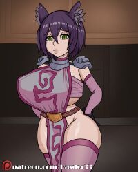 1girls ass big_breasts breasts cat_ears catgirl clothing female green_eyes huge_ass huge_breasts light-skinned_female light_skin original original_character purple_hair rasdor33 short_hair smaller_female solo standing stockings thighs wide_hips