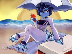 beach beach_ball beach_towel black_eyes blue_fur cooler gris_swimsuit setting_sun sky slug soda soda_can sunlight umbrella water