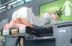 barefoot breasts censored coat feet female foot_out_of_frame green_eyes green_hair highres honkai_(series) honkai_impact_3rd large_breasts legs looking_at_viewer looking_back lrh0123 mobius_(honkai_impact) no_panties one_eye_closed pussy smile soles toes white_coat